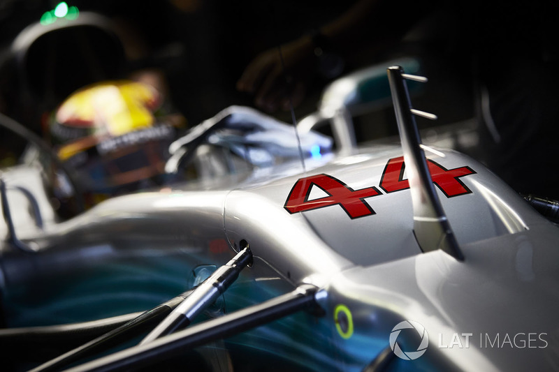 The race number on the car of Lewis Hamilton, Mercedes AMG F1 W08