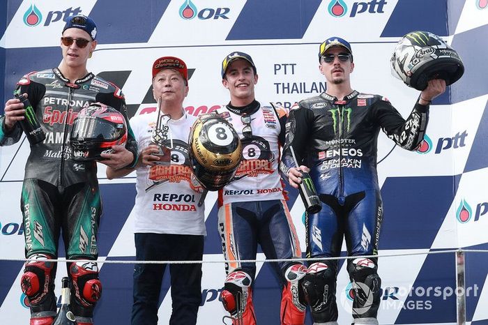 Podio: ganador de la carrera, Marc Márquez, Repsol Honda Team, segundo puesto Fabio Quartararo, Petronas Yamaha SRT, tercer puesto Maverick Viñales, Yamaha Factory Racing