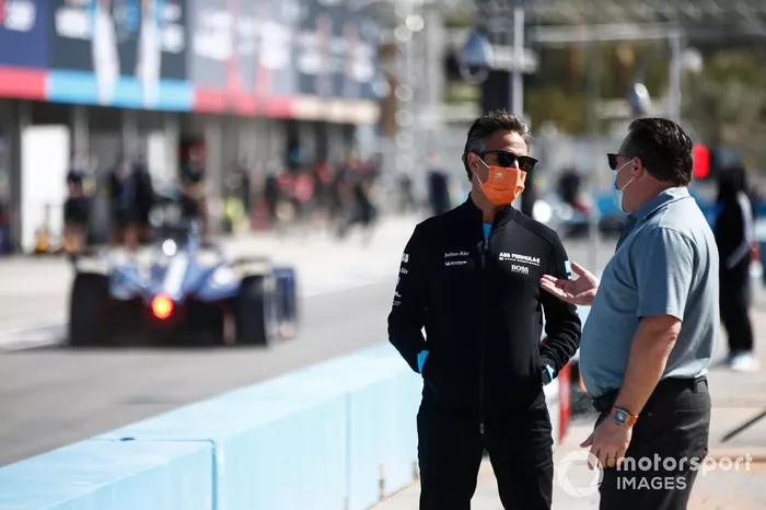 Jamie Reigle, CEO of Formula E, talks with Zak Brown, McLaren