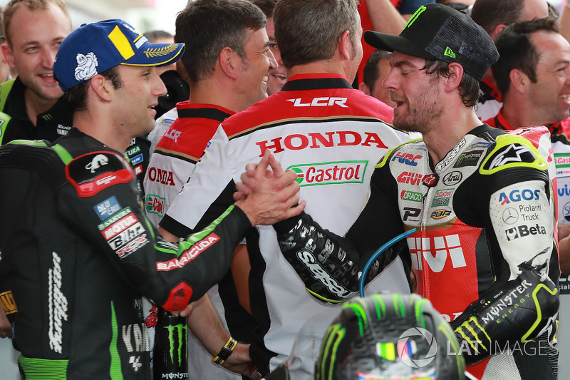 Second place Johann Zarco, Monster Yamaha Tech 3, Race winner Cal Crutchlow, Team LCR Honda