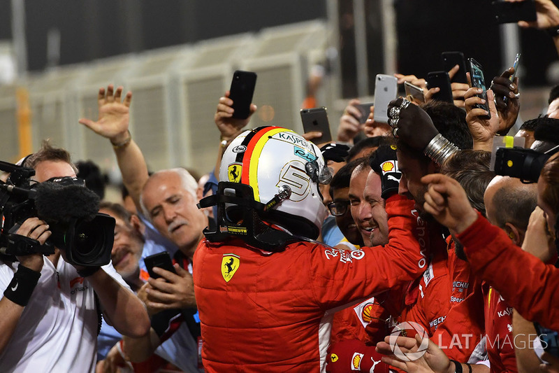 Race winner Sebastian Vettel, Ferrari celebrates in parc ferme