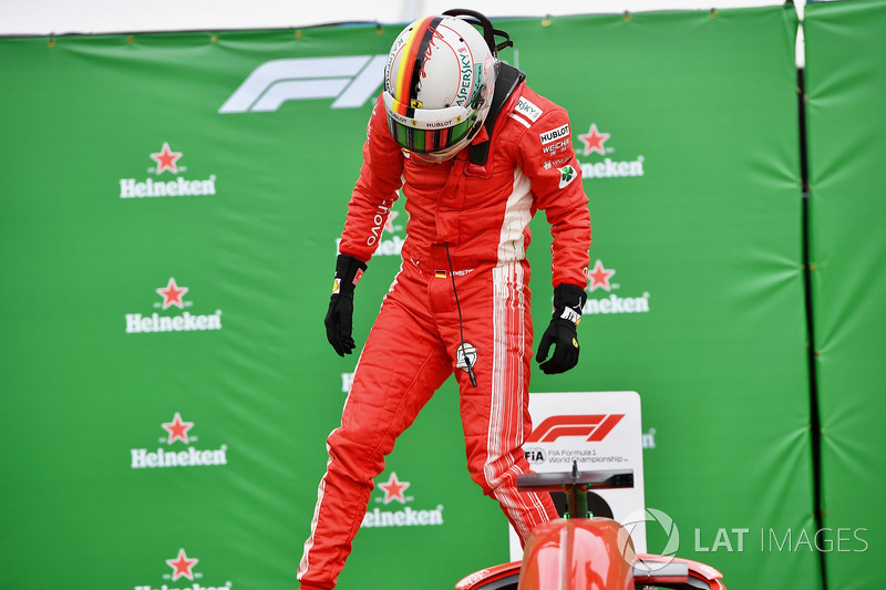 Race winner Sebastian Vettel, Ferrari celebrates in parc ferme