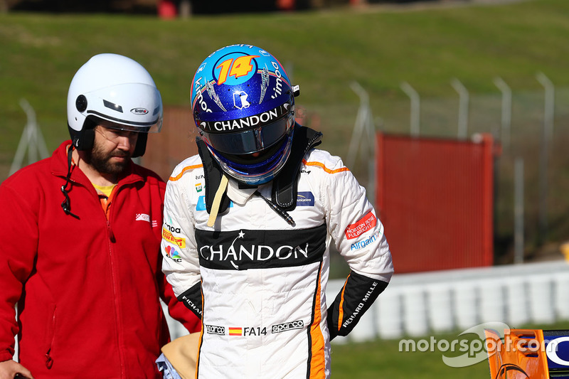 Fernando Alonso, McLaren MCL33 à l'arrêt sur le bord de piste