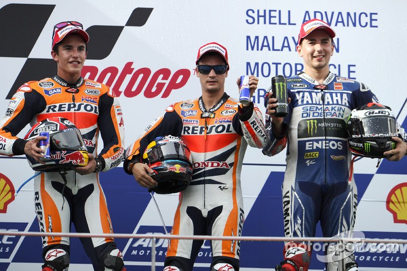 Podium: Race winner Dani Pedrosa, Repsol Honda; second place Marc Marquez; third place Jorge Lorenzo, Yamaha