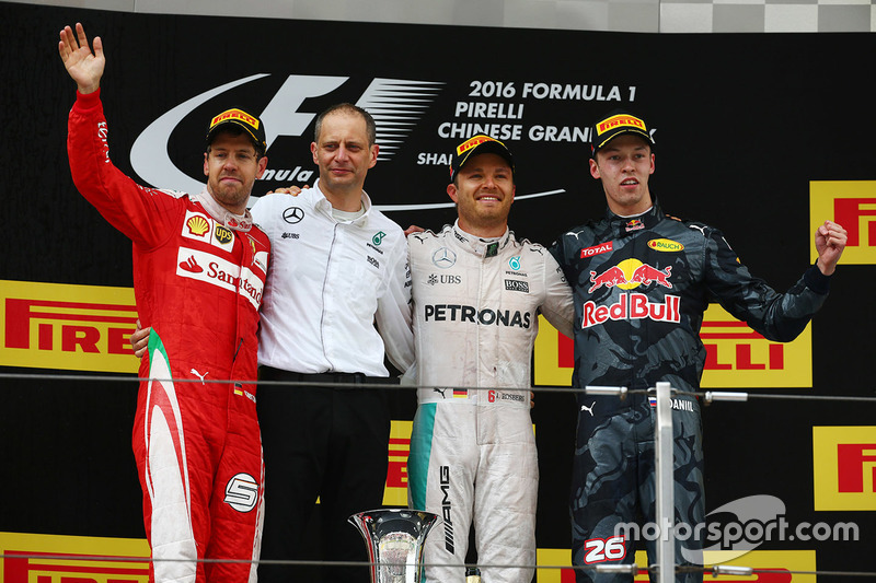 Podium: winner Nico Rosberg, Mercedes AMG F1 Team, second place Sebastian Vettel, Ferrari, third place Daniil Kvyat, Red Bull Racing