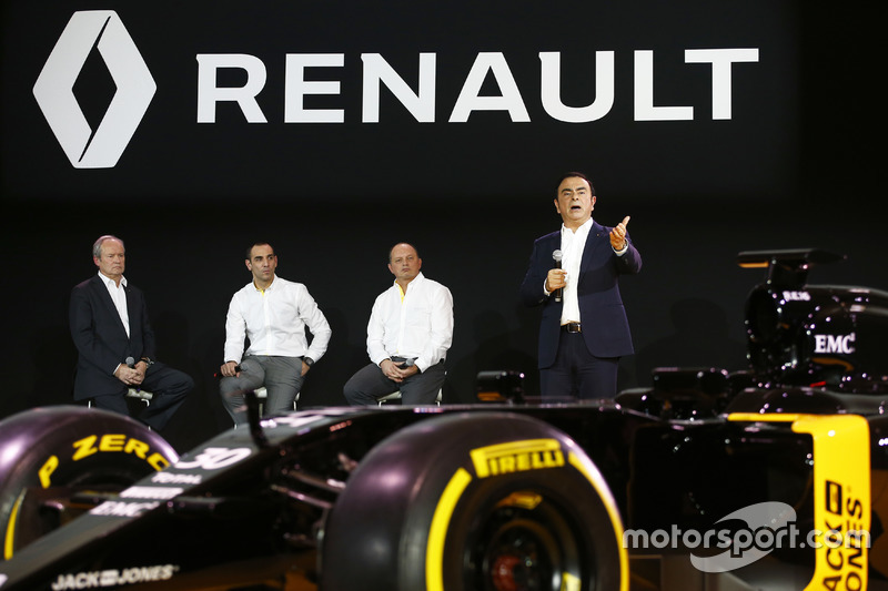 (L to R): Patrice Ratti, Renault Sport Cars General Manager; Cyril Abiteboul, Renault Sport F1 Managing Director; Frederic Vasseur, Renault F1 Team Racing Director; Carlos Ghosn, Chairman of Renault