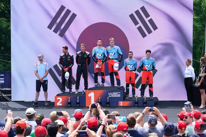 Podium: Winners Ott Tänak, Martin Järveoja, Hyundai World Rally Team Hyundai i20 N Rally1, second place Sébastien Ogier, Vincent Landais, Toyota Gazoo Racing WRT Toyota GR Yaris Rally1, third place Adrien Fourmaux, Alexandre Coria, Hyundai World Rally Tea