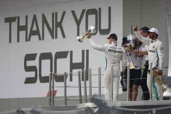 Second place Valtteri Bottas, Mercedes AMG F1, and Race winner Lewis Hamilton, Mercedes AMG F1, on the podium