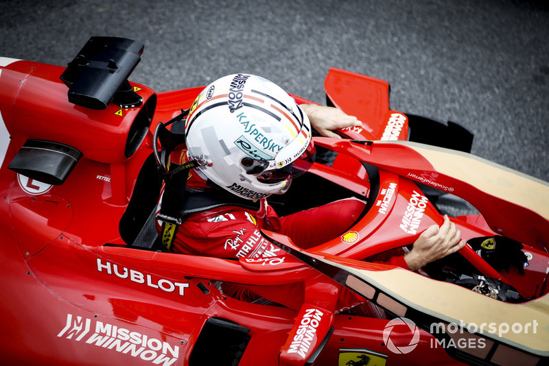 Sebastian Vettel, Ferrari, arrive dans le Parc Fermé
