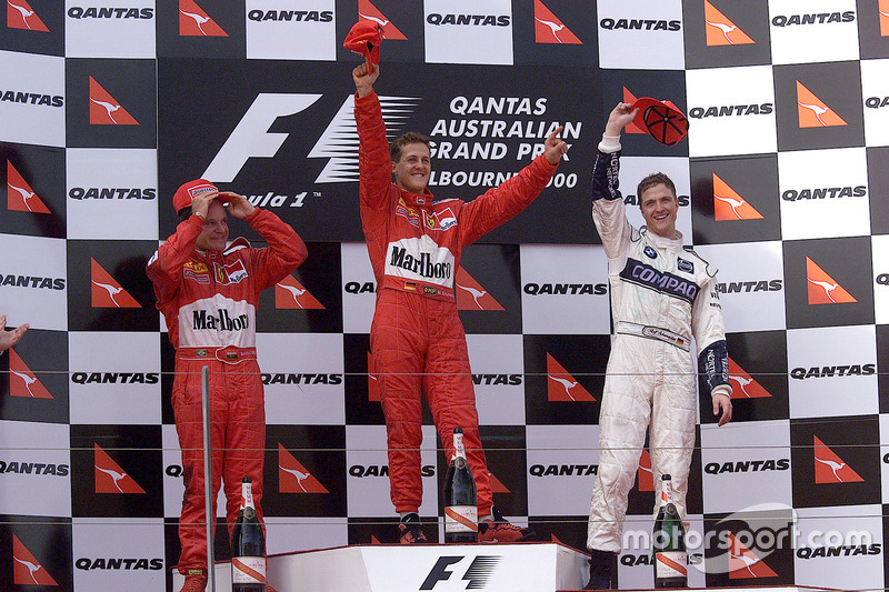 Podium : le vainqueur Michael Schumacher, Ferrari; le deuxième, Rubens Barrichello, Ferrari; le troisième, Ralf Schumacher, Williams