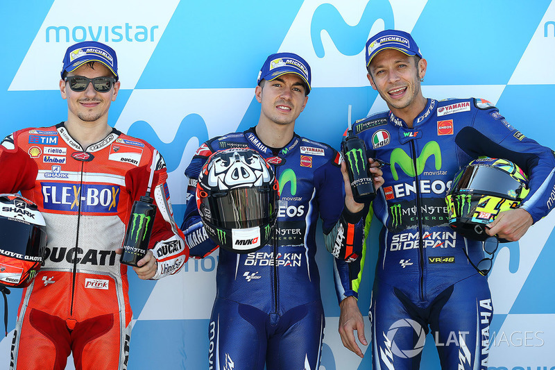 Polesitter Maverick Viñales, Yamaha Factory Racing, second place Jorge Lorenzo, Ducati Team, third place Valentino Rossi, Yamaha Factory Racing