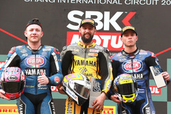 Le deuxième sur le podium, Lucas Mahias, GRT Yamaha Official WorldSSP Team, Race winner Randy Krummenacher, BARDAHL Evan Bros. WorldSSP Team, third place Federico Caricasulo, GRT Yamaha Official WorldSSP Team