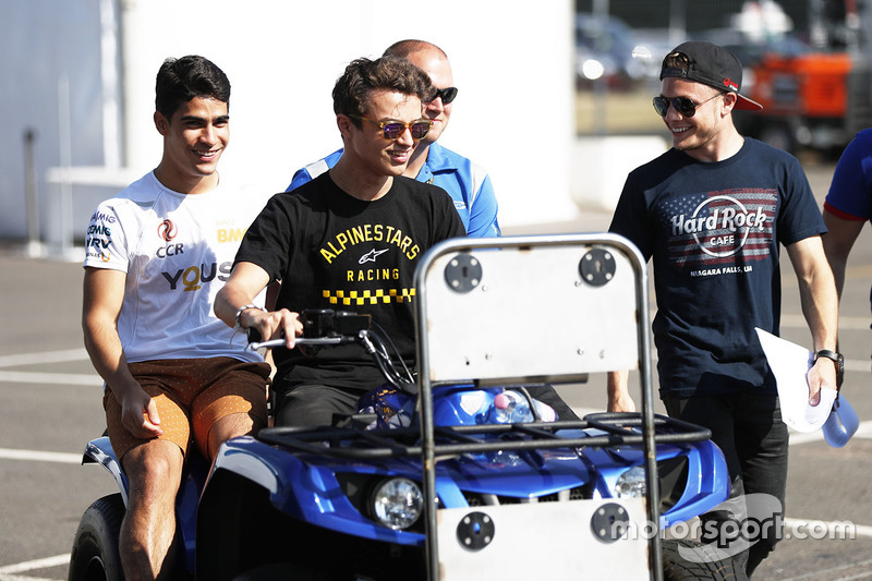Lando Norris, Carlin. Sergio Sette Camara, Carlin. And Santino Ferrucci, Trident