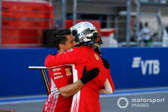 Sebastian Vettel, Ferrari celebrates in parc ferme