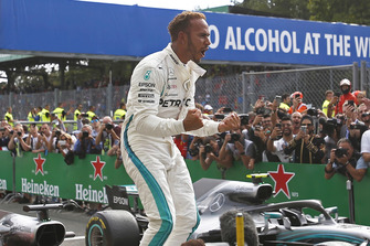 Lewis Hamilton, Mercedes AMG F1 celebrates in parc ferme at the at Formula One World Championship, Rd14, Italian Grand Prix, Race, Monza, Italy, Sunday 2 September 2018.