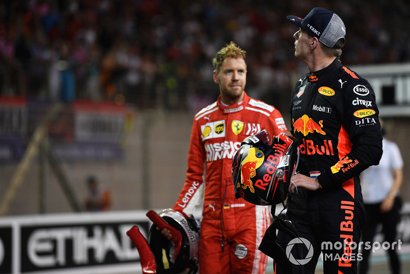 Sebastian Vettel, Ferrari and Max Verstappen, Red Bull Racing celebrate in Parc Ferme 