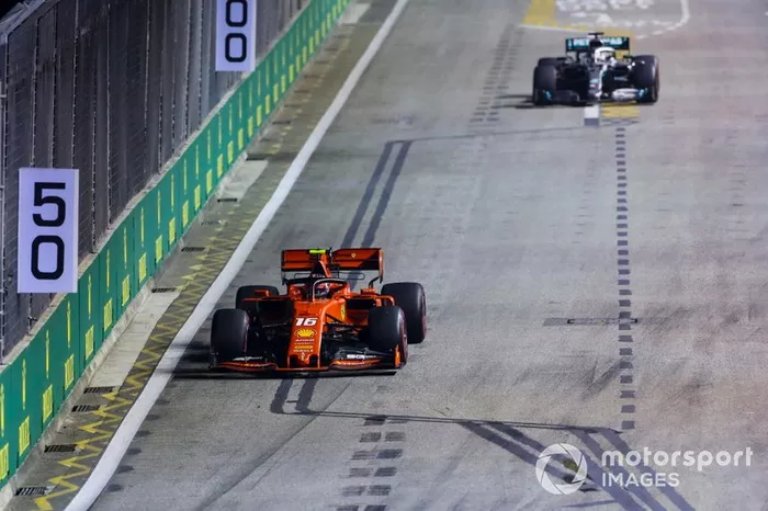 Charles Leclerc, Ferrari SF90 leads Lewis Hamilton, Mercedes AMG F1 W10 