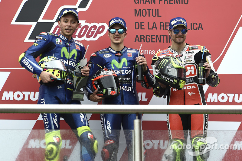 Podium: 1. Maverick Viñales, 2. Valentino Rossi, 3. Cal Crutchlow