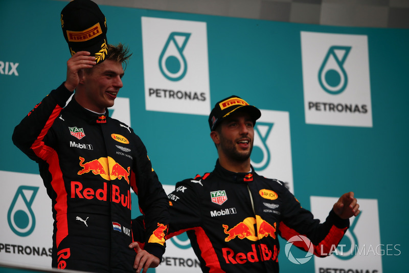 Max Verstappen, Red Bull Racing, race winner, third place Daniel Ricciardo, Red Bull Racing, celebrate on the podium
