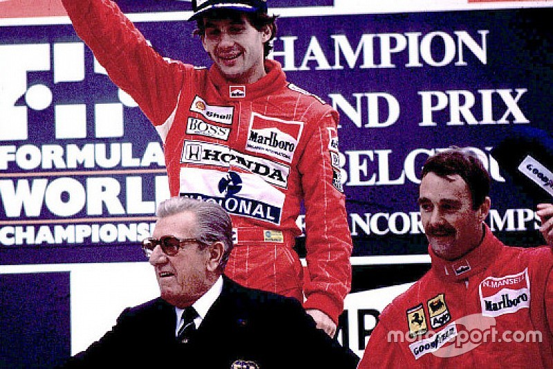 Pódio: vencedor Ayrton Senna com Alain Prost e Nigel Mansell