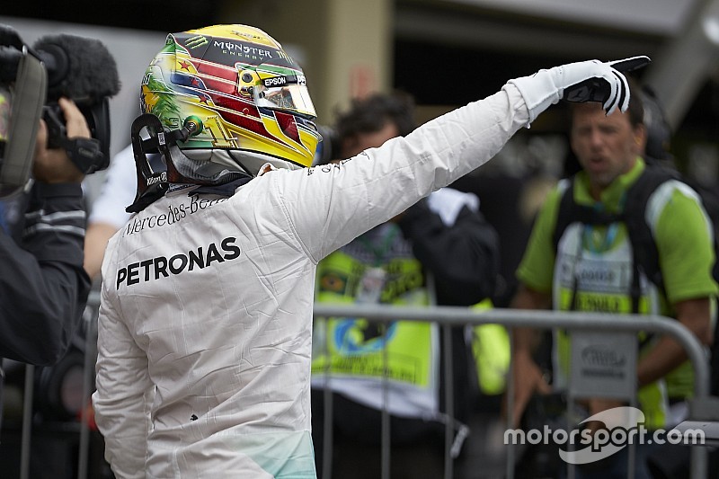 Lewis Hamilton, Mercedes AMG F1 celebrates his pole position in qualifying parc ferme