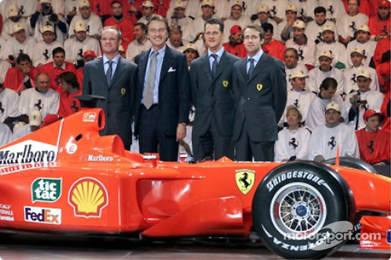 Rubens Barrichello, Luca di Montezemolo, Michael Schumacher and Luca Badoer