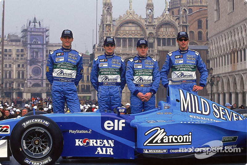 Mark Webber, Giancarlo Fisichella, Fernando Alonso, Jenson Button und der Benetton B201