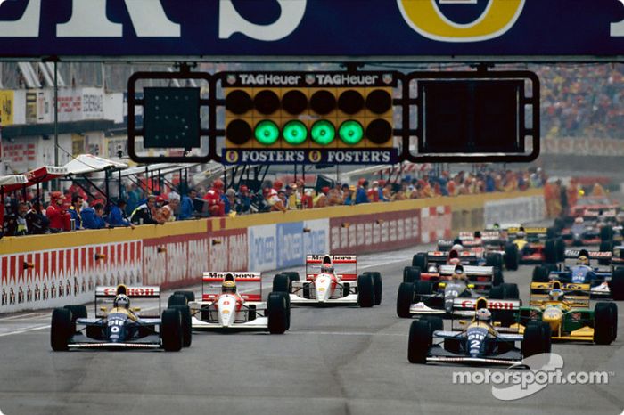 The start: Damon Hill, Alain Prost, Ayrton Senna and Michael Schumacher