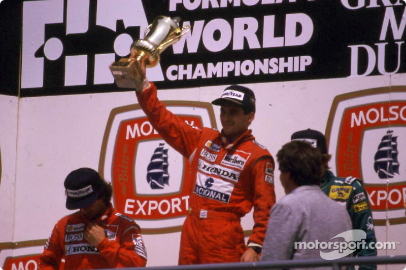 The podium: race winner Ayrton Senna and Alain Prost