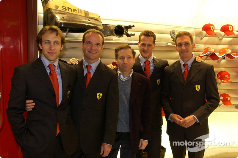 Apertura oficial de la  Ferrari Store, Maranello: Luca Badoer, Rubens Barrichello, Jean Todt, Michae