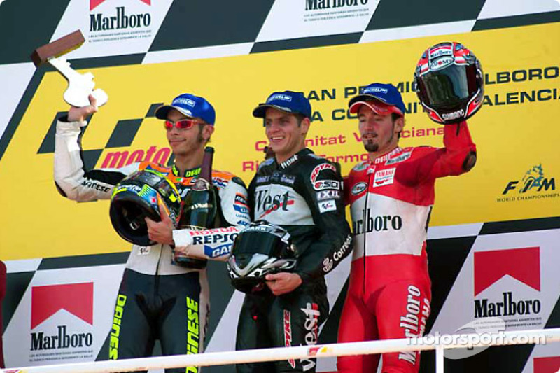 2002: 1. Alex Barros, 2. Valentino Rossi, 3. Max Biaggi