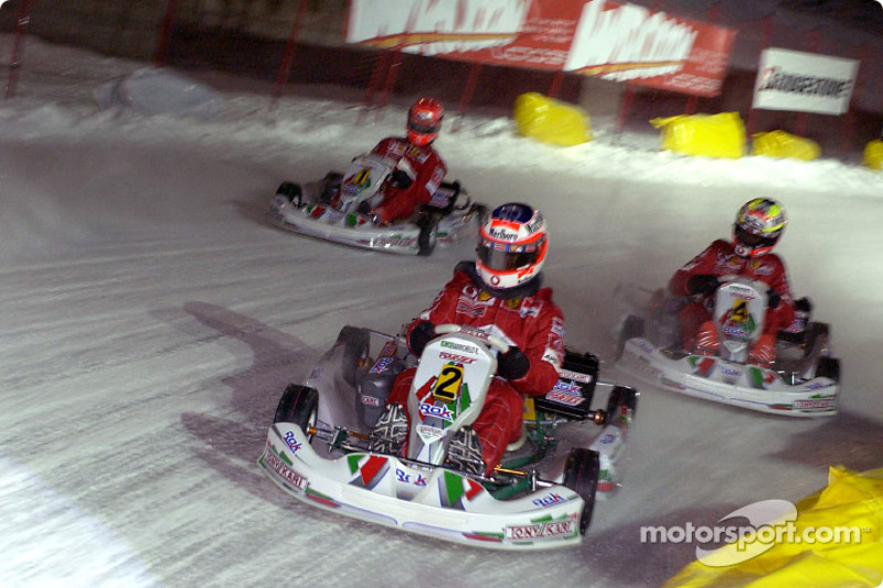 The kart race: Rubens Barrichello, Luciano Burti and Michael Schumacher