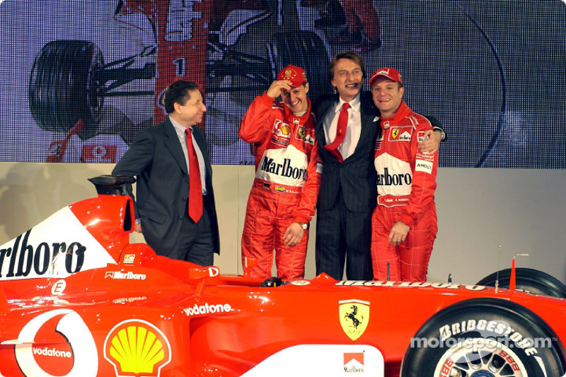 Luca di Montezemelo, Jean Todt, Michael Schumacher and Rubens Barrichello with the new Ferrari F2003