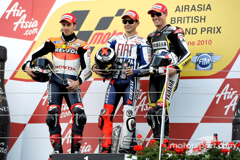 Podium: race winnaar Jorge Lorenzo, Fiat Yamaha Team, 2de Andrea Dovizioso, Repsol Honda Team, 3de B