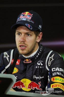 Pole sitter Sebastian Vettel, Red Bull Racing in the FIA Press Conference