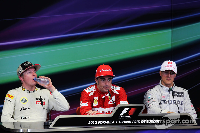 The post race FIA Press Conference Kimi Raikkonen, Lotus F1 Team, second; Fernando Alonso, Ferrari, race winner; Michael Schumacher, Mercedes AMG F1, third