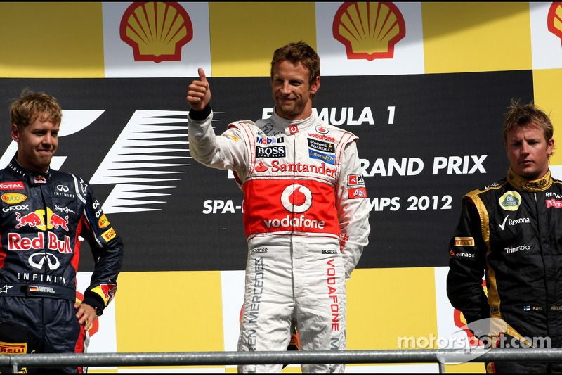 Sebastian Vettel, Red Bull Racing, Jenson Button, McLaren Mercedes en Kimi Raikkonen, Lotus F1 Team