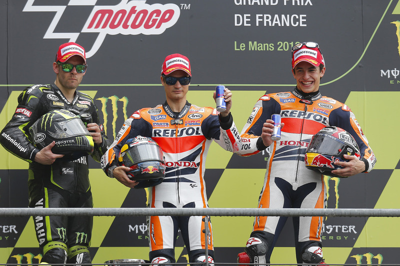 Race winner Dani Pedrosa, Repsol Honda Team, second place Cal Crutchlow, Monster Yamaha Tech 3, third place Marc Marquez, Repsol Honda Team