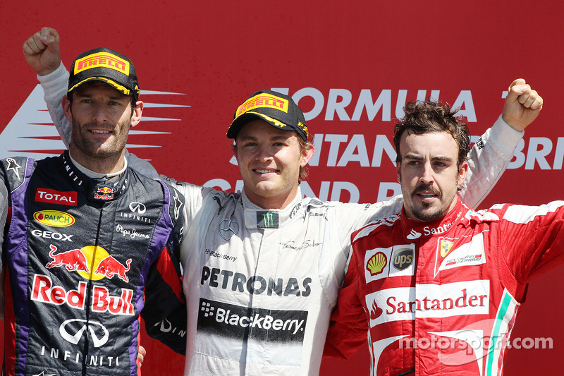 Podio de F1 en Silverstone 2013: 1. Nico Rosberg, 2. Mark Webber, 3. Fernando Alonso