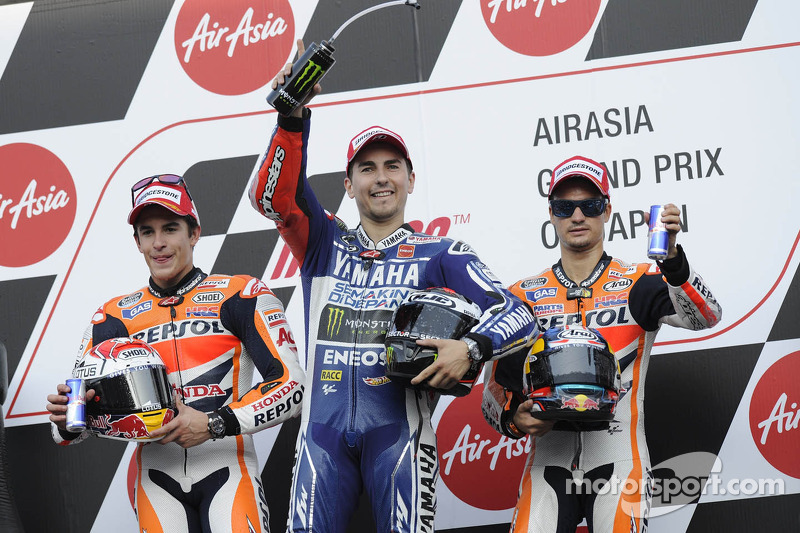 Podio: ganador de la carrera Jorge Lorenzo, Marc Márquez el segundo lugar y tercer lugar Dani Pedrosa