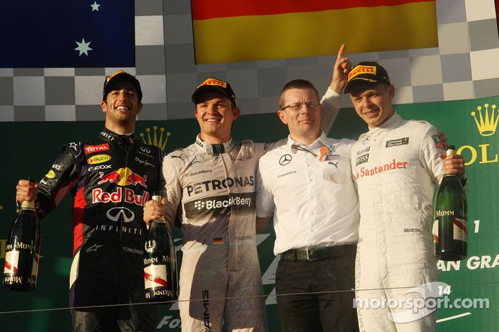 2014: 1. Nico Rosberg, 2. Kevin Magnussen, 3. Jenson Button