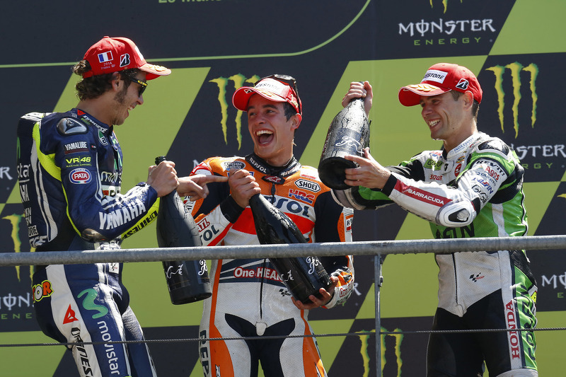 Le podium du GP de France 2014 : Marc Márquez, Valentino Rossi, Álvaro Bautista