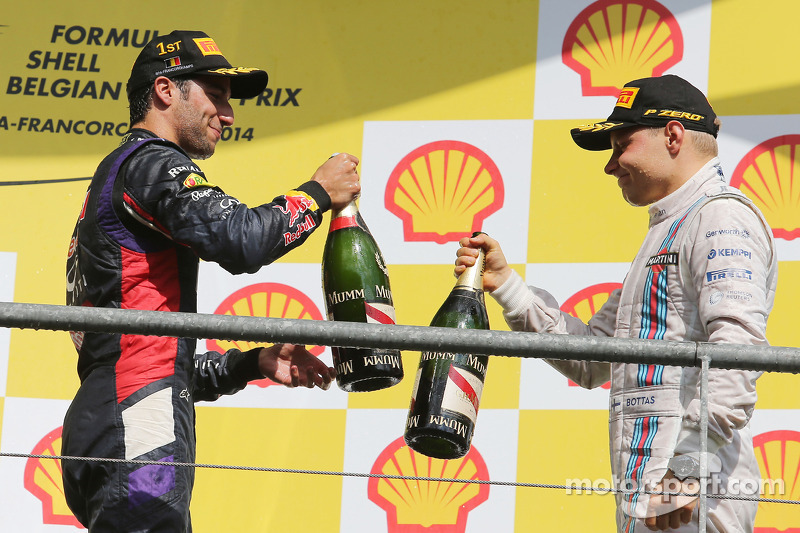 (L to R): Race winner Daniel Ricciardo, Red Bull Racing celebrates with third placed Valtteri Bottas