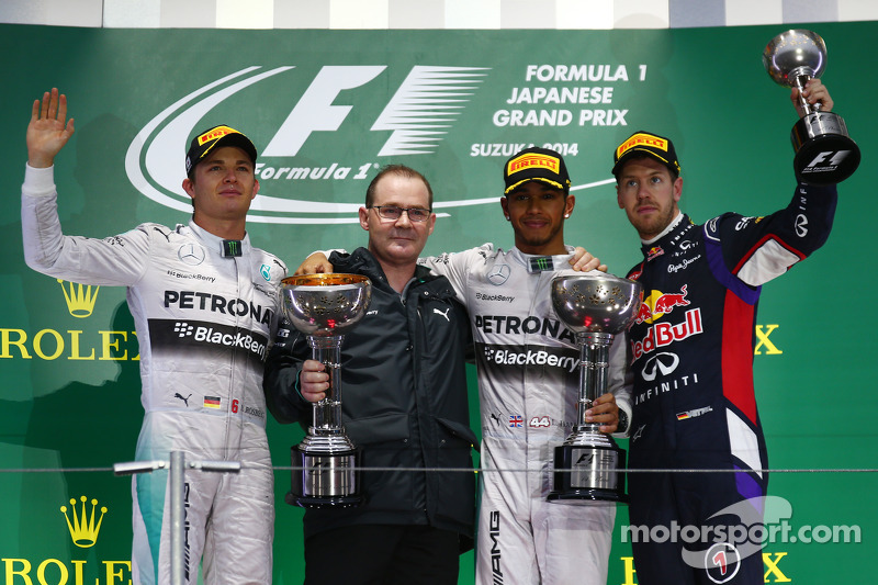 Podium: race winner Lewis Hamilton, second place Nico Rosberg, third place Sebastian Vettel