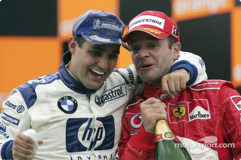 Podium: Juan Pablo Montoya and Rubens Barrichello celebrate