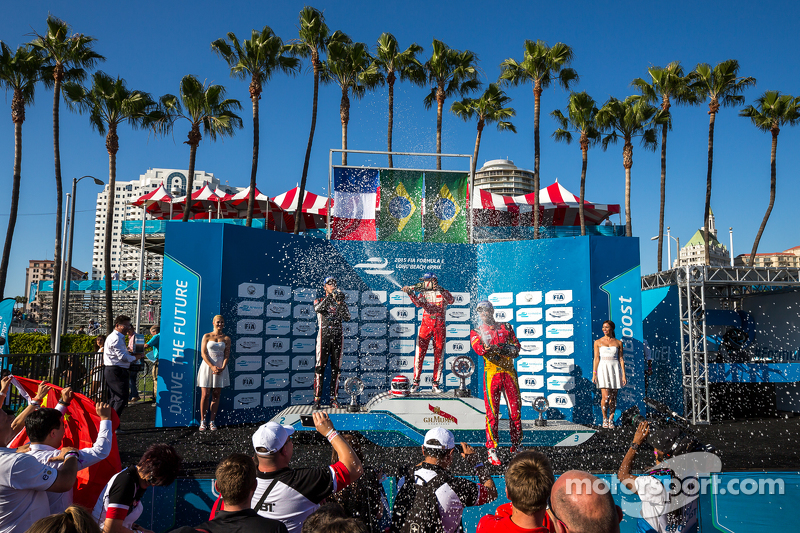 Podium: Second place Jean-Eric Vergne, Andretti Autosport, Race winner Nelson Piquet Jr., and third place Lucas di Grassi, Audi Sport ABT