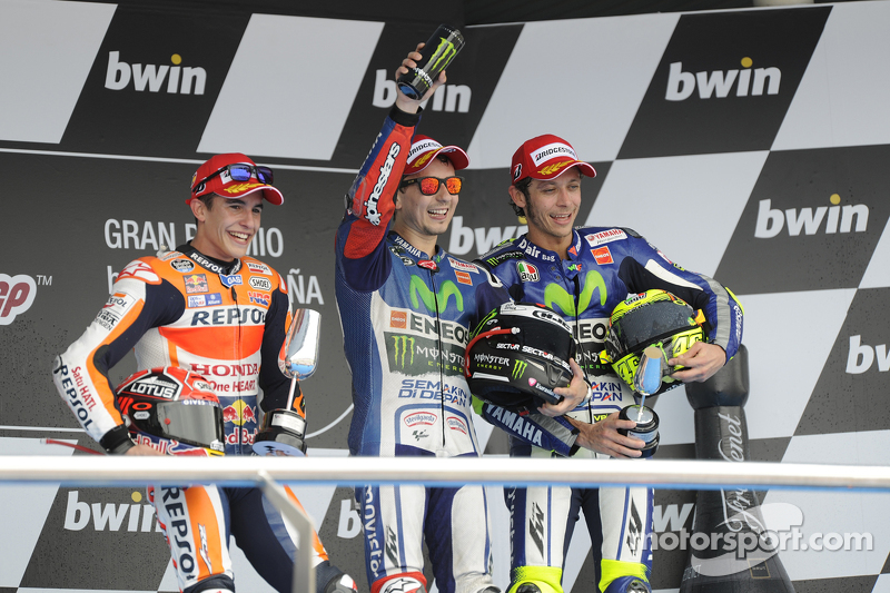 Podium : le vainqueur Jorge Lorenzo, le deuxième Marc Marquez, le troisième Valentino Rossi