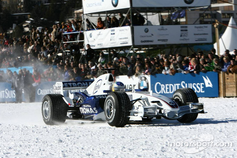 Nick Heidfeld drives a BMW Sauber F1 on the St Moritz horse racing on special spike tyres from Bridgestone