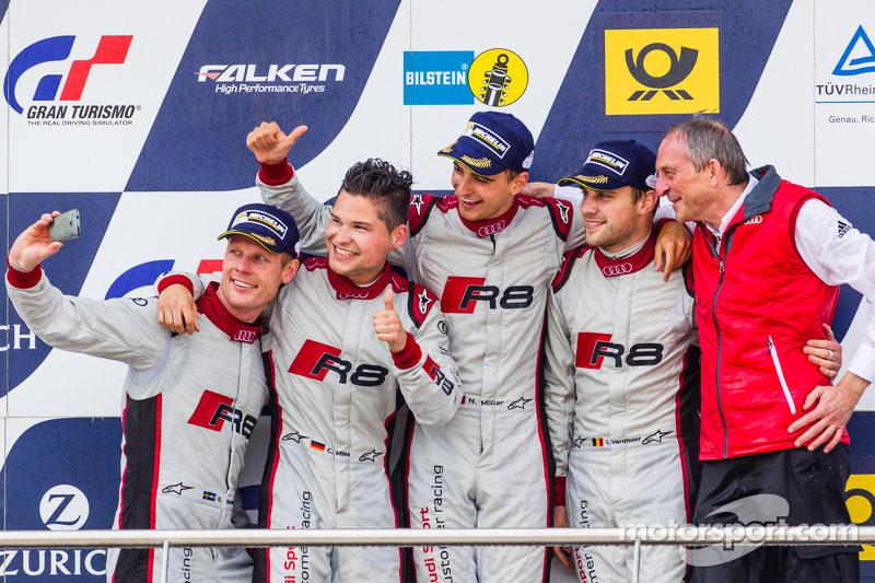 Podium: selfie for Edward Sandström, Christopher Mies Nico Müller, Laurens Vanthoor and Romolo Liebc