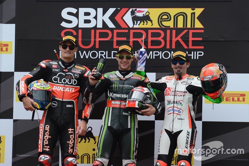 Podium race 1 : second place, Chaz Davies, Ducati Team, winner Jonathan Rea, Kawasaki, third place, 